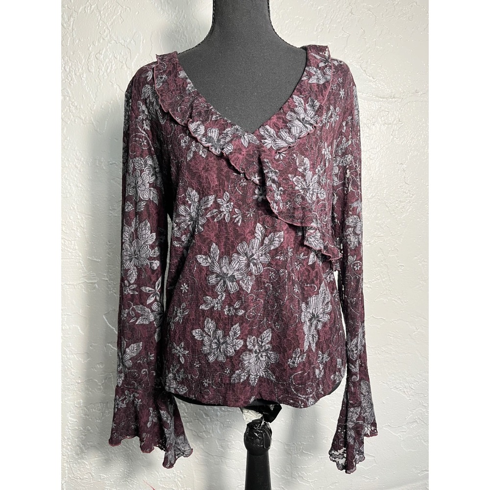 INC International Concepts Burgundy Floral Mesh Ruffle Top L Y2K Bell Sleeve